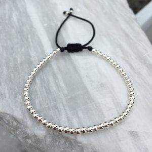 3mm Sterling Silver Ball Beads Adjustable Macrame Unisex Stackable Bracelet on Black Nylon Cord