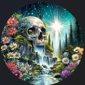 May include: A digital art print featuring a skull integrated with a waterfall and lush floral elements. The skull's eye sockets are filled with flowers, and water cascades from its mouth. The background includes a forest and a bright light source.