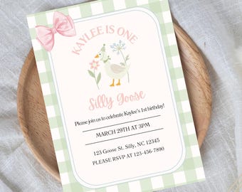 One Silly Goose Girl First Birthday Invitation, 1st Birthday Decorations Neutral, Silly Goose Birthday Template, Pink Coquette Bow Editable