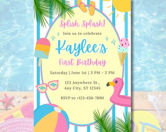 Pool Party Birthday Invite, Pool Party Invitation, Summer Theme Party Decorations, Splash Splish Party, Summer First Birthday Decor