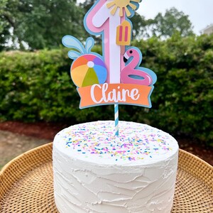 May include: A white frosted cake with colorful sprinkles, topped with a custom cake topper. The topper features a number one, a sun, a flamingo, a beach ball, and the name "Claire" in orange. The cake is on a woven tray.
