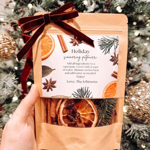 May include: A kraft paper bag tied with a burgundy velvet ribbon, filled with dried orange slices, cinnamon sticks, star anise, and evergreen sprigs. The bag has a label that reads "Holiday simmering potpourri".