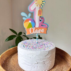 May include: A white frosted cake with colorful sprinkles, topped with a decorative cake topper. The topper features the number 1, a sun, a flamingo, a beach ball, and the name "Claire" on an orange banner. The cake sits on a woven tray.
