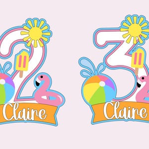 May include: Two colorful birthday decorations with a summer theme. The numbers 2 and 3 are outlined in blue and pink, with a yellow sun, a popsicle, a beach ball, and a pink flamingo. The name "Claire" is written on an orange banner.
