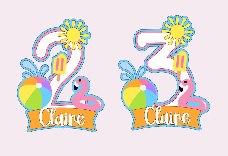 May include: Two colorful birthday decorations with a summer theme. The numbers 2 and 3 are outlined in blue and pink, with a yellow sun, a popsicle, a beach ball, and a pink flamingo. The name "Claire" is written on an orange banner.