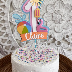 May include: A white frosted cake with colorful sprinkles, topped with a decorative "1" cake topper. The topper features a sun, popsicle, flamingo, beach ball, and the name "Claire" on an orange banner. The cake is on a woven tray.