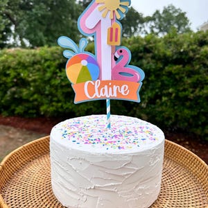 May include: A white frosted cake with colorful sprinkles, topped with a decorative cake topper. The topper features the number 1, a sun, a flamingo, a beach ball, and the name "Claire" in white lettering on an orange banner. The cake sits on a woven tray.