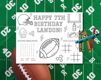 Football Birthday Coloring Page For Kids, Personalized First Down Birthday, Kids Paper Activity Table Mat, Birthday Games, Kids Activity