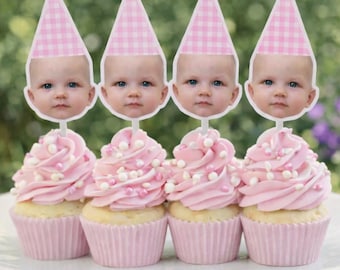 Custom Face Cupcake Topper, Cupcakes Face Toppers, Gingham Photo Cupcake Topper, Heads On a Stick Party Decorations, 1st Birthday Decor