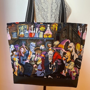 Alexander Henry “unhappy hour” Tote Shoulder Market Computer Reusable Project Bag Frankenstein Dracula Werewolf Halloween Spider Webs