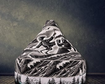 Bean Bag Chair Cover - Skeleton Coffin Surfer Design, Alt-Punk Home Decor (Small)