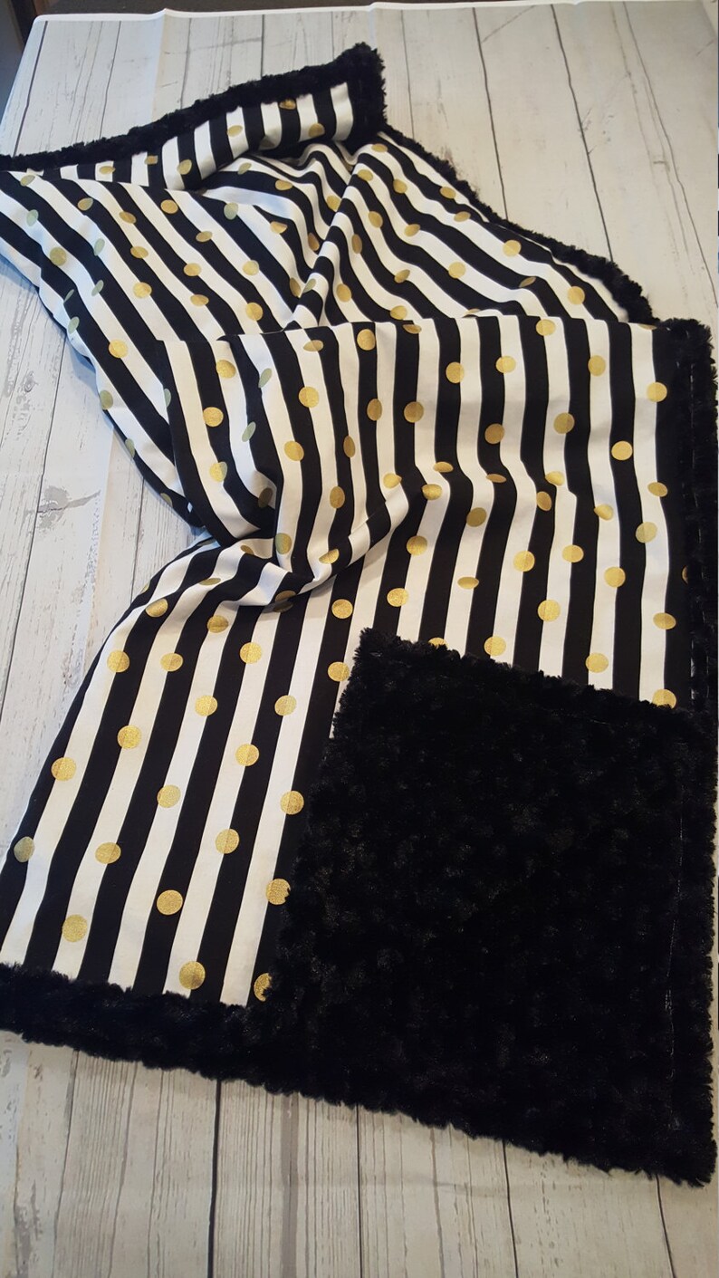 Black and White Stripes Metallic Gold Polka Dot Minky Blanket Etsy