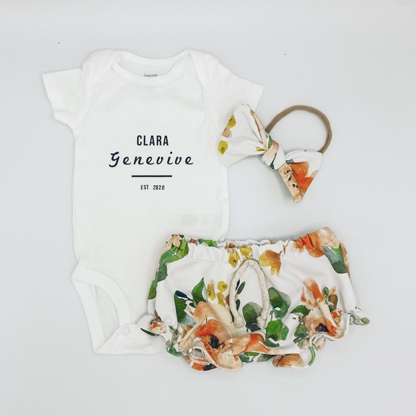 Baby girl coming home outfit summer, floral baby bummies and bow set, custom name onesie, floral ruffle bummies baby, baby girl summer