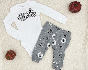 Happy Halloween Outfit Baby, first halloween outfit baby, 1st halloween outfit newborn, happy halloween bodysuit, witch leggings baby