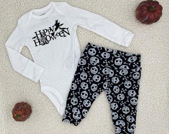 Happy Halloween Outfit Baby, newborn halloween outfit, halloween skull leggings baby, my first halloween outfit, baby's 1st halloween outfit