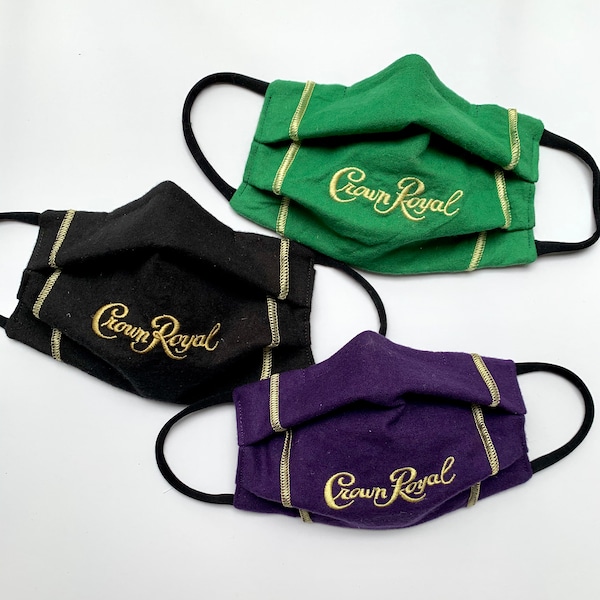 Crown Royal Mask, Crown Royal Pleated Face Mask, Green Crown Royal, Adult Facemask, Nylon Ear Loop Crown Royal Mask, Purple Crown Royal