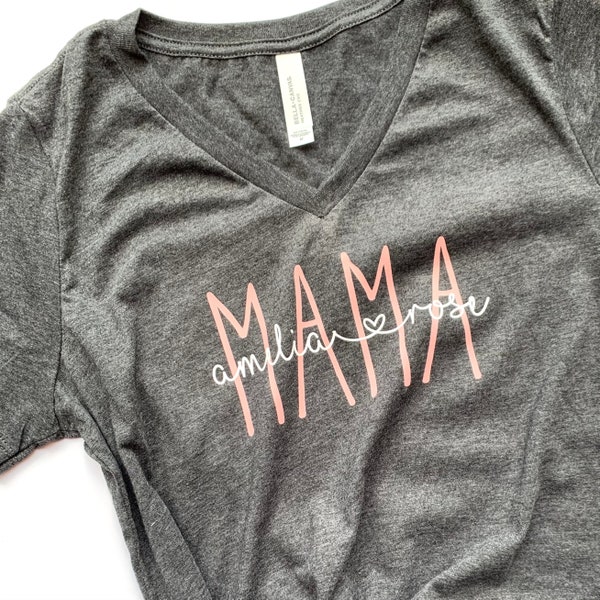 Mama Personalized V-Neck T-Shirt, Gift for New Mom, Custom Mother's Day Gift, Baby Shower Gift for Mom, Children's Name Mama Shirt