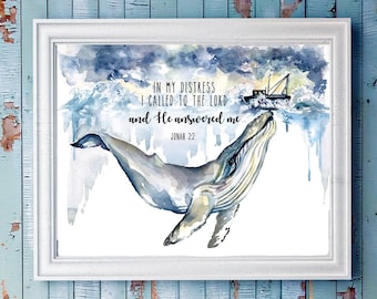 Jonah 2:2 Schrift Kunstdruck | Wal Kunst | Strand Dekor | DIGITALER DOWNLOAD | Strandhaus Dekor| inspirierende Kunst | Ocean Art | Maritime Kunst