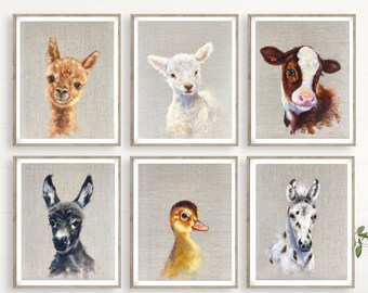 PRINTABLE farm animal nursery wall art set of 6, gender neutral baby room barnyard decor, baby animal prints, canvas texture printable art