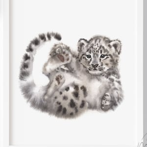 Monochrome snow leopard nursery art print, gender neutral baby room decor, DIGITAL DOWNLOAD, black and white , sepia Animal safari printable