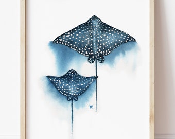 Impresión de arte de vivero oceánico náutico / Manta Ray Ocean Art / DESCARGA DIGITAL / Decoración minimalista de la casa de playa / Acuarela de la playa náutica