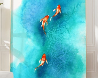 Arte de pez Koi imprimible, arte de pared zen, arte de peces de acuarela, Decoración del hogar Feng Shui, arte instantáneo, póster koi, bonito arte de baño, arte pacífico