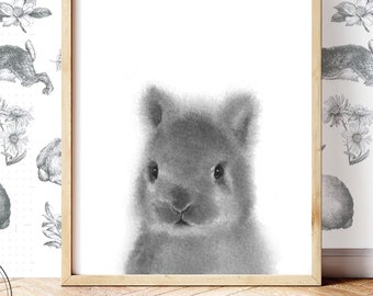 Monochrome Bunny Rabbit Nursery Print, Woodland animal nursery art, gender neutral nursery print, affordable art prints, printable art