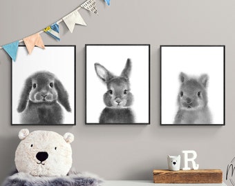 Monochrome woodland animal Nursery Print, bunny rabbit baby art, gender neutral nursery decor, affordable art printable, black and white