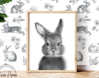 Monochrome Bunny Rabbit Nursery Print, Woodland animal nursery art, gender neutral nursery print, affordable art prints, printable art
