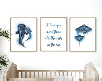 Conjunto de impresiones de arte de vivero oceánico / arte náutico de la pared del tiburón ballena / DESCARGA DIGITAL / Decoración de la casa de la playa / Decoración de Manta Ray, mar de la habitación de los niños