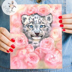 Baby animal nursery art print, snow leopard girl nursery room wall decor, floral nursery decor, DIGITAL DOWNLOAD, Affordable nursery prints