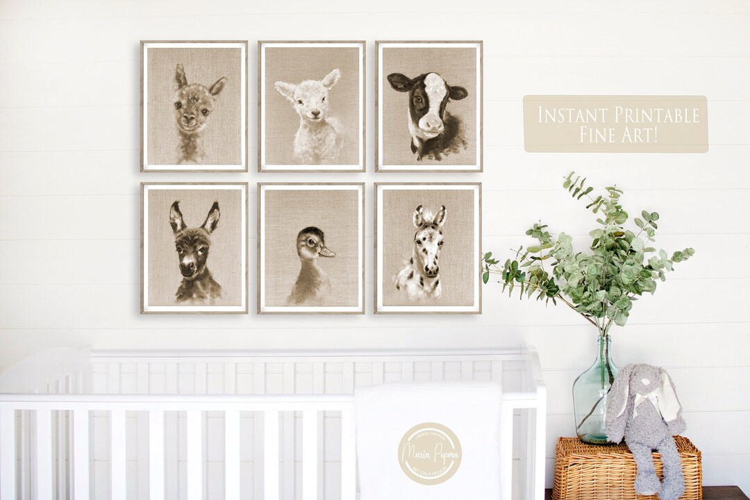 Sepia Farm Animal Nursery Wall Art Set of 6, PRINTABLE Gender Neutral Baby Room Barnyard Decor