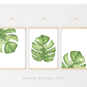 Tropical botanical nursery art print, boho nursery, Monochromatic Art Print,  Set of Three, monstera leaf, digital download, neutral poster