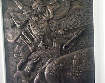 Cu Chulainn bas relief wall sculpture in frame based on the illustration by J.C. Leyendeker