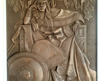 Queen Maeve bas relief wall sculpture in frame based on the illustration by J.C. Leyendeker