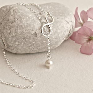 Sterling Silver Infinity Necklace, Infinity and Pearl, Silver Necklace, Bride Necklace, Wedding Jewelry, Bridesmaid set, Gift for, Christmas