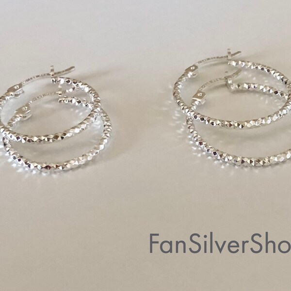 Sterling Silver Diamond Cut Hoops, Sterling Silver Hoops from Mexico, Shining Earrings, Silver Jewelry, Silver Hoops, 20 mm, 25 mm