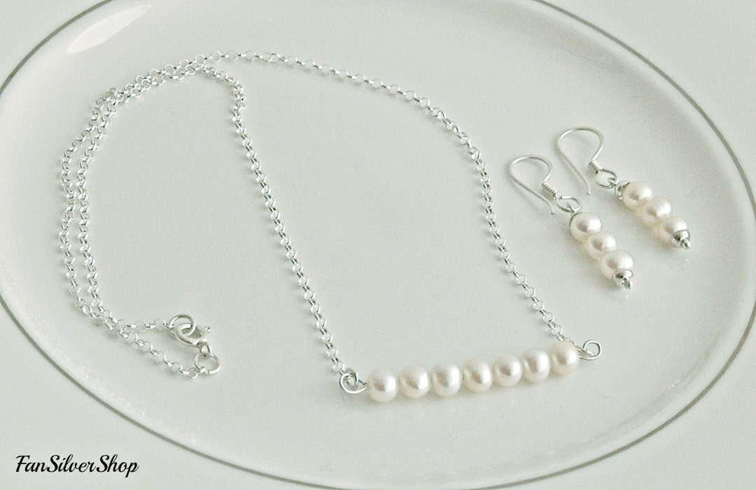 Sterling Silver Pearl Jewelry Set, Pearl Necklace and Pearl Earrings, Brides Jewelry Set