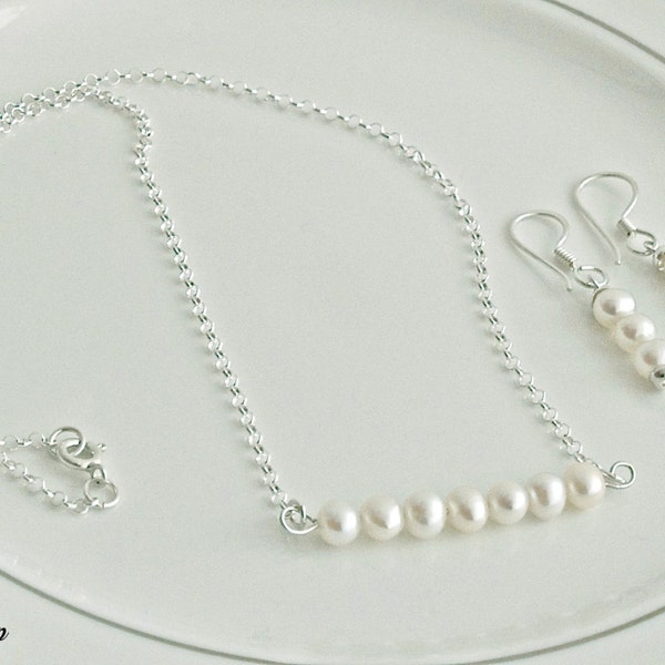 Sterling Silver Pearl Jewelry Set, Pearl Necklace and Pearl Earrings, Brides Jewelry Set , Wedding Jewelry, Gift for Her, Mexican Silver