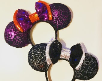 Halloween Shimmering Spiderweb Mouse Ears Headband - Choose silver or purple