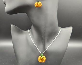 Pumpkin whirlybird chainmaille pendant and earring set - aluminum on stainless steel chain and surgical steel ear wires