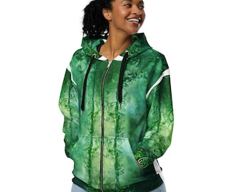 Sudadera unisex con capucha y cremallera verde celta
