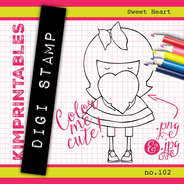 Cute Sweet Heart Girl Digi Stamp - Instant Download Digital Stamp for Coloring in - Downloadable Graphics by KimPrintables