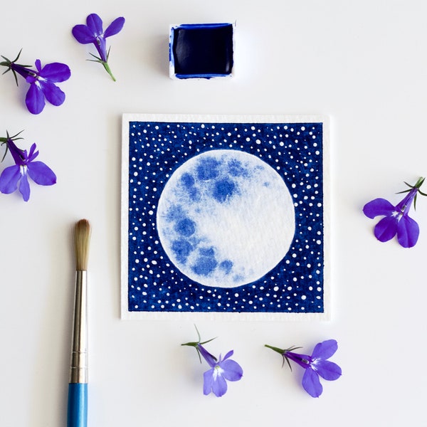 Peinture de lune, Peinture miniature, Aquarelle de Tiny Moon, Space Art, Peinture du ciel, Art de la pleine lune bleue, Art miniature, FABRIQUÉ SUR COMMANDE