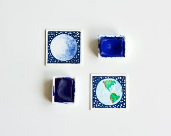 Moon and Earth Miniature Paintings, Tiny Watercolour Paintings, Miniature Art, Space Art, Pair of Paintings, Earth Painting, Moon Painting