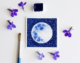 Moon Painting, Miniature Painting, Tiny Moon Watercolour Painting, Space Art, Sky Painting, Blue Full Moon Art, Miniature Art, MADE TO ORDER