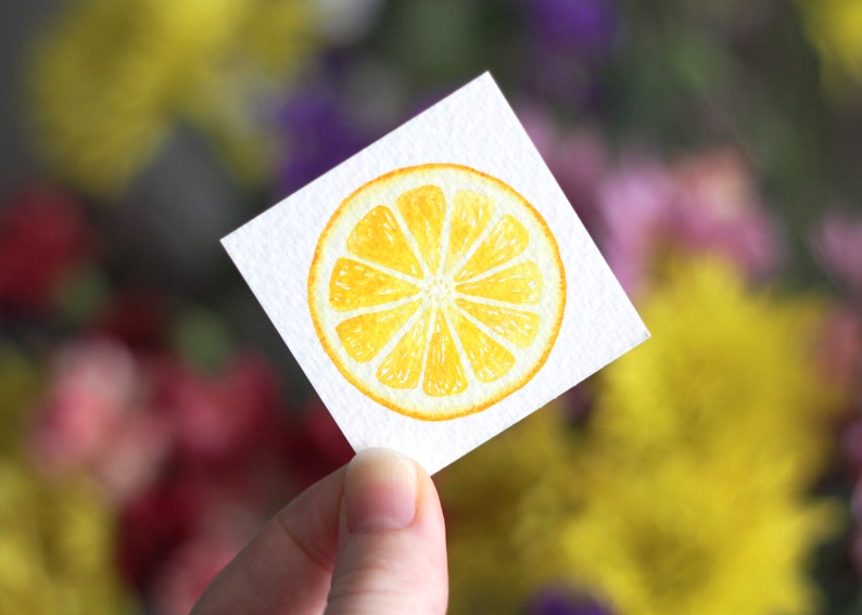 Miniature Watercolor Lemon Painting, Miniature Art, Food Art, Tiny Painting, Fruit Art, Citrus, Orange, Lemon Slice, Yellow, MADE TO ORDER image 3