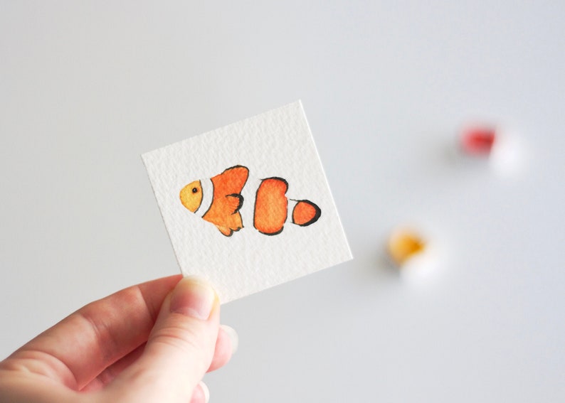 Clownfish Painting, Miniature Painting, Tiny Watercolor Painting, Ocean Art, Animal Art, Fish Painting, Miniature Art, MADE TO ORDER image 1