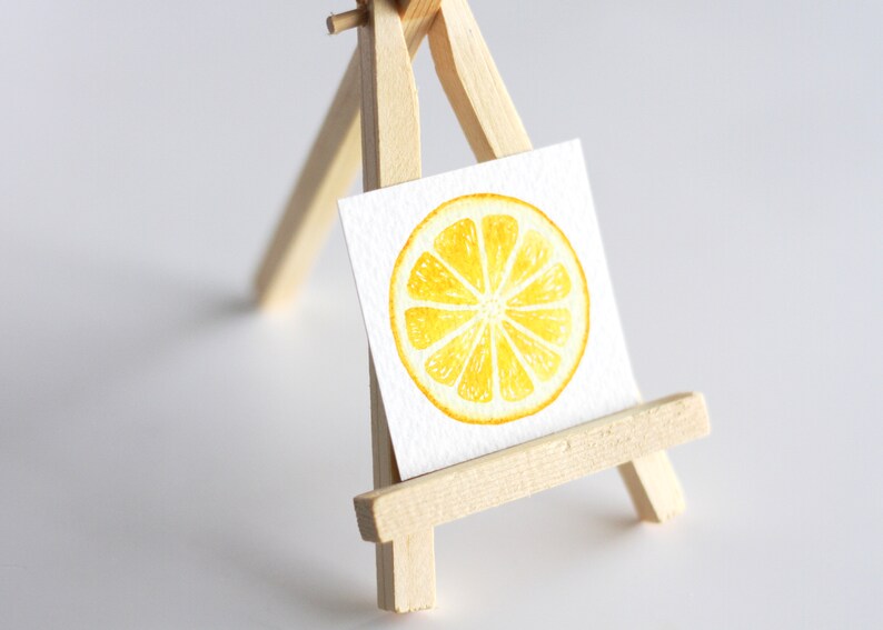 Miniature Watercolor Lemon Painting, Miniature Art, Food Art, Tiny Painting, Fruit Art, Citrus, Orange, Lemon Slice, Yellow, MADE TO ORDER image 5