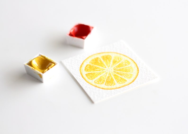 Miniature Watercolor Lemon Painting, Miniature Art, Food Art, Tiny Painting, Fruit Art, Citrus, Orange, Lemon Slice, Yellow, MADE TO ORDER image 2